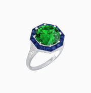 Art Deco Inspired Round Cut Cocktail Ring with Calibré Gemstone Halo - Shahin Jewelry